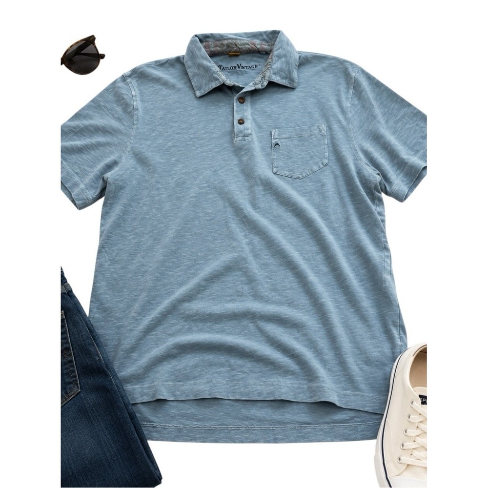 Tailor Vintage Mens Slub Cotton Polo Shirt Light Blue Pocket Casual Size L